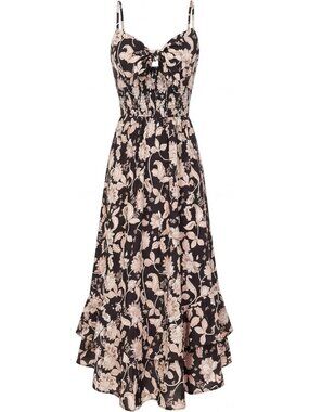 Women's Black And Beige Boho Floral Maxi Sundress Beach Dress With Pockets